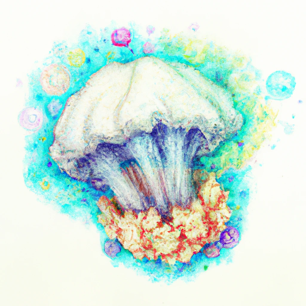 an AI-generated image of a colorful cauliflower jellyfish in pencil and watercolor